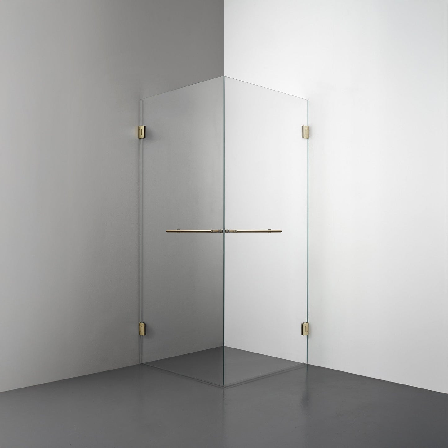 ROOH R4 Duschhörna Dörr + Dörr i extraklart glas med beslag i honungsguld och towelbar