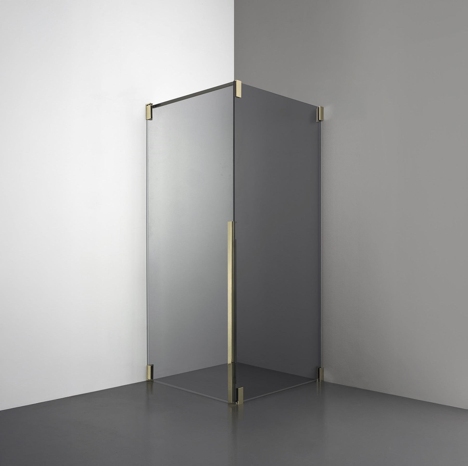 ROOH R2 Duschhörna Dörr + Vägg i röktonat glas med beslag i honungsguld, vänsterhängd