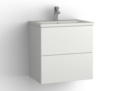 Vedum Free kommod 600 Compact med lådor i Maja vit, visad med tvättställ Free 615 Compact