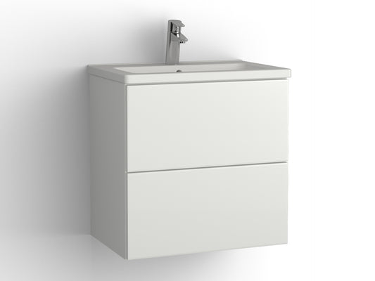 Vedum Free kommod 600 Compact med lådor i Maja vit, visad med tvättställ Free 615 Compact