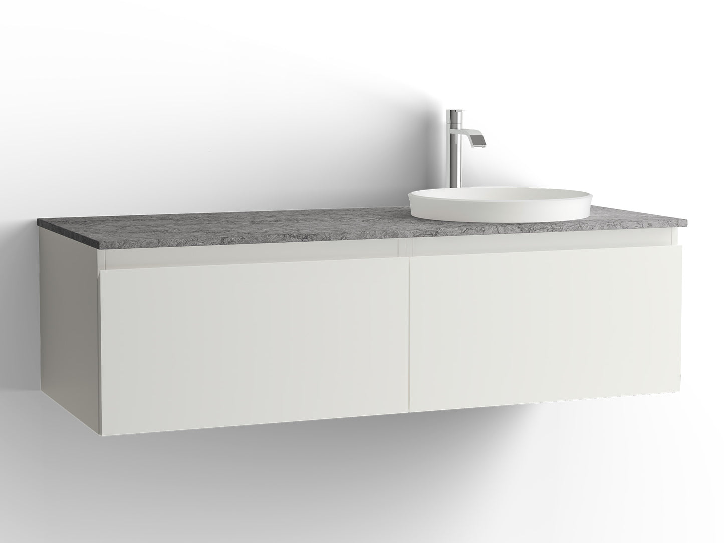 Vedum Flow kommod 1200 med 2 lådor i vit, visad med tvättställ Zone 1205