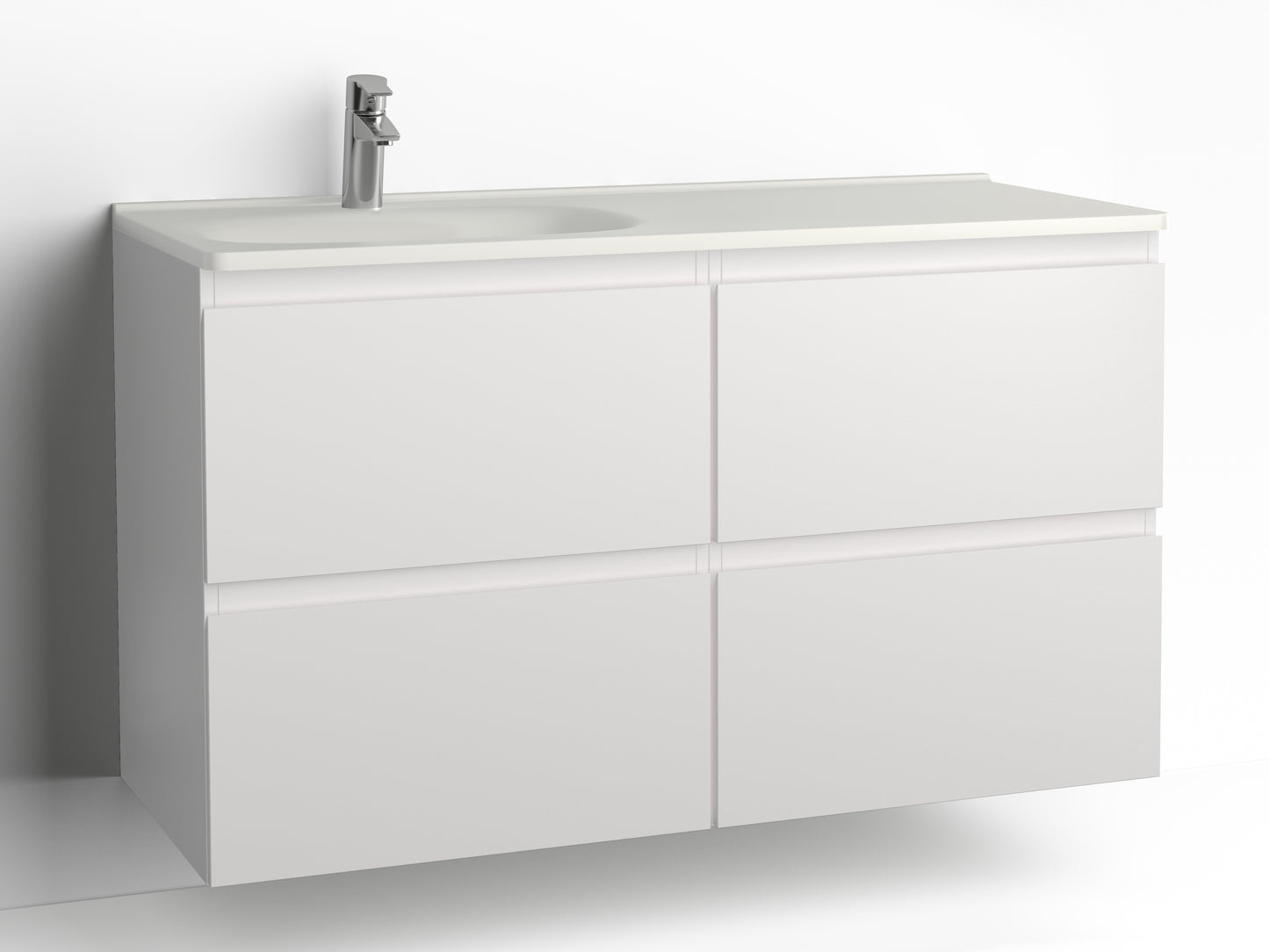 Vedum Flow kommod 1200 med 4 lådor i vit, visad med tvättställ Flow 1210 vänster