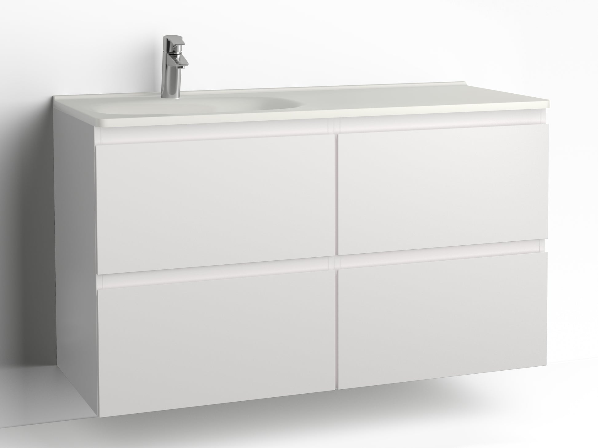 Vedum Flow kommod 1200 med 4 lådor i vit, visad med tvättställ Flow 1210 vänster