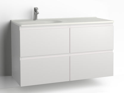 Vedum Flow kommod 1200 med 4 lådor i vit, visad med tvättställ Flow 1210 vänster