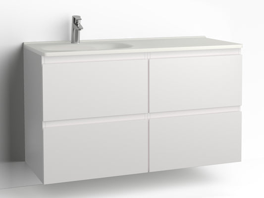 Vedum Flow kommod 1200 med 4 lådor i vit, visad med tvättställ Flow 1210 vänster