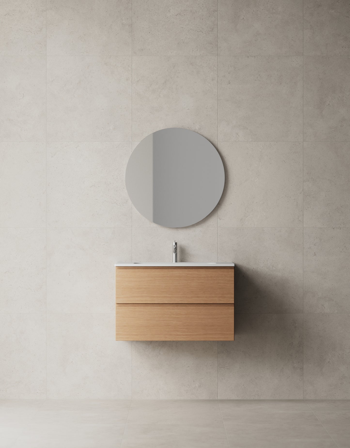 Inspiration: Core Grip 80 i Natural Oak med tvättställ Soft och Stenvide Hay 60x60. Tvättställ, bänkskiva och övrig inredning säljs separat. Bild: INR