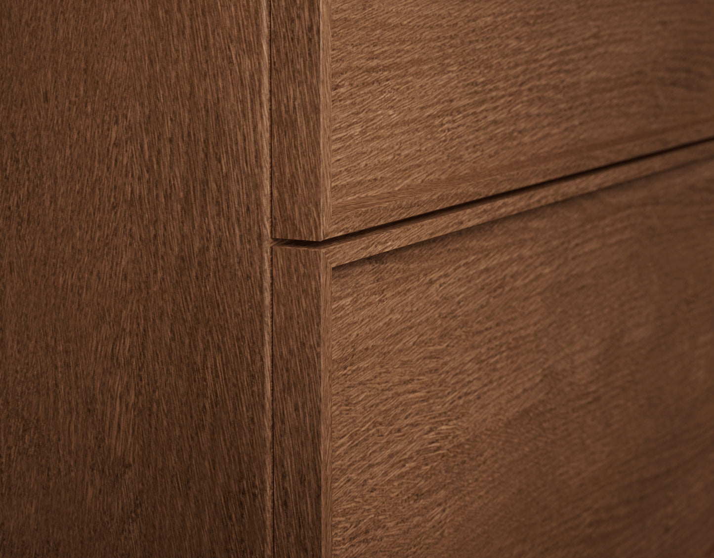 Kommod Core Sense Unit 100, Tvst i Dark Oak: detalj av front med dolt grepp i ramen. Bild: INR